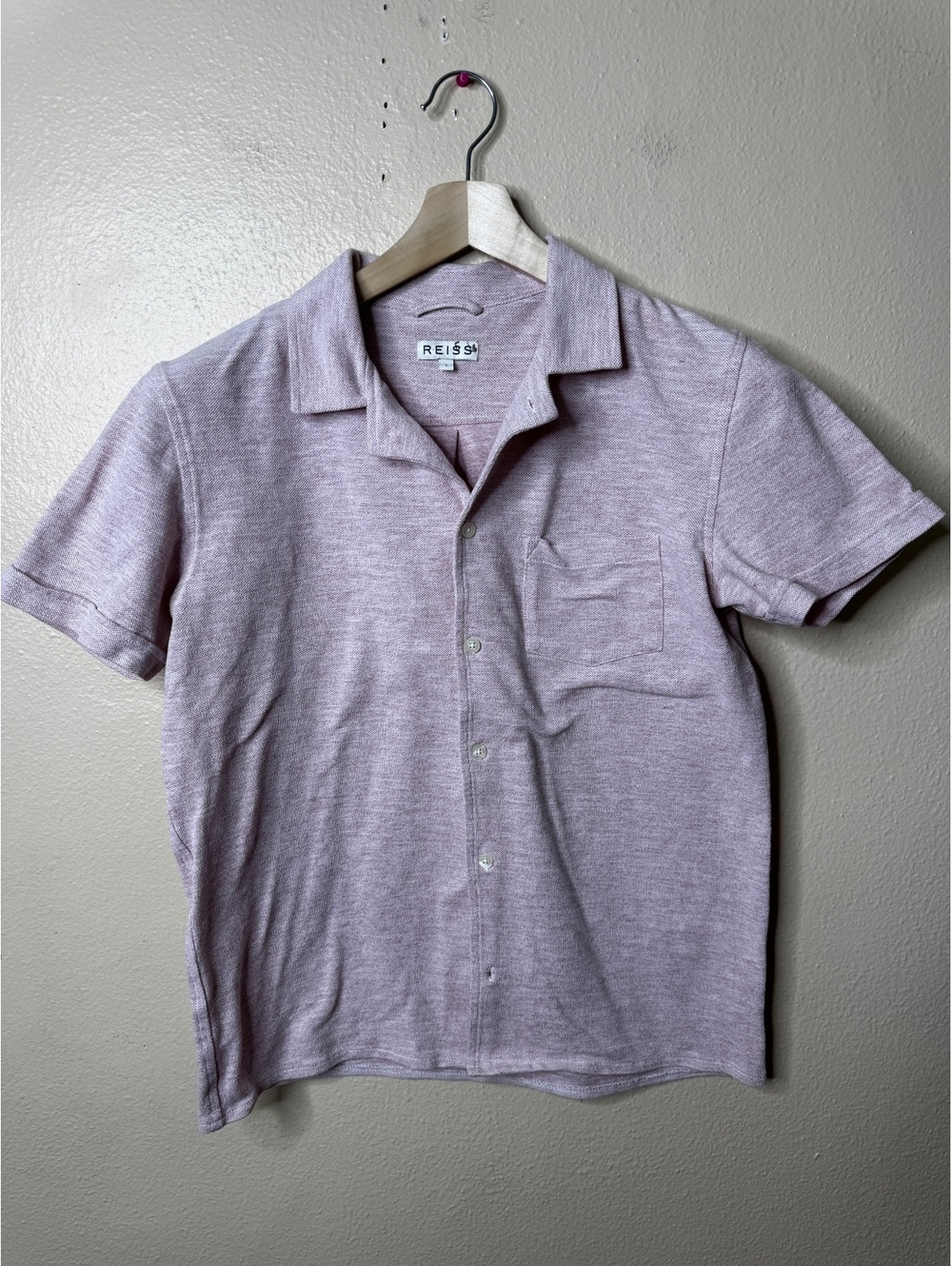 Reiss Men’s S Pink Heather Short Sleeve Button Up Shirt Cotton Blend Pocket